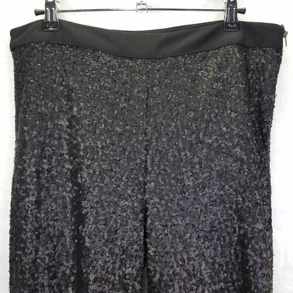 Akira Chicago Flare Pants Women L High Waist Semi Sheer Sequin Black Sparkle NEW - Picture 2 of 16